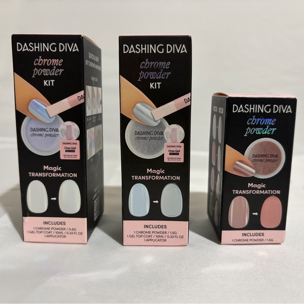 Lot of 3 Dashing Diva Chrome Powder Nail Kits, Silver, Emerald, & Rose Gold NEW